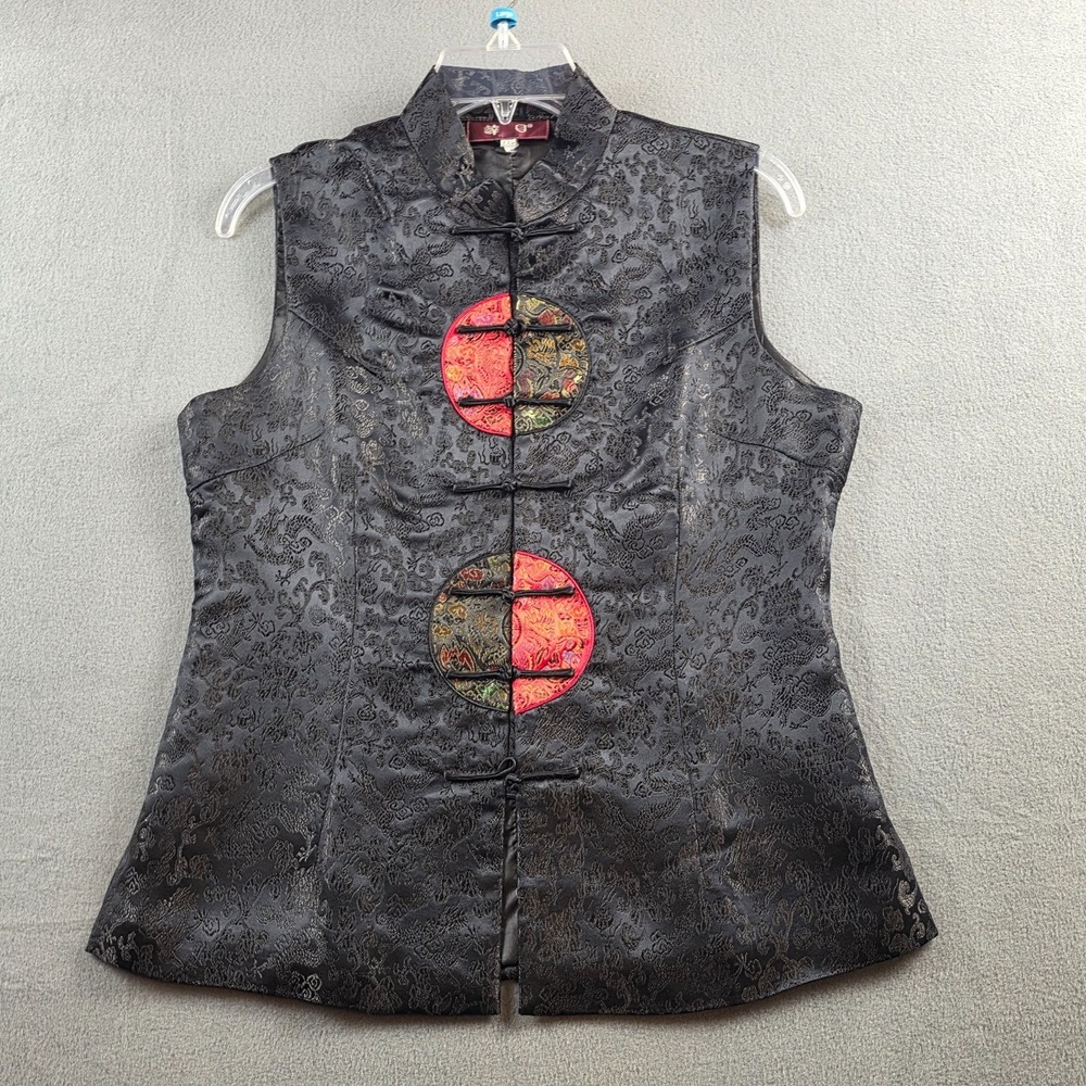 Vintage Women's XXL Black Mandarin Chinese Brocade Collar Frog Closure Vest